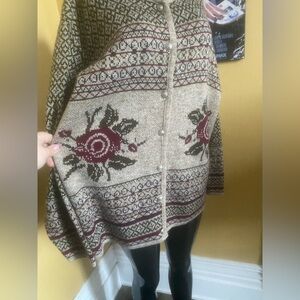 Vintage Grandmacore Olive & Burgundy Rose Floral Jacquard Button-Up Cardigan